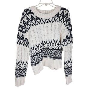 Z Supply Apres Ski Fair Isle Crewneck Sweater L Black Cream Chunky Fisherman